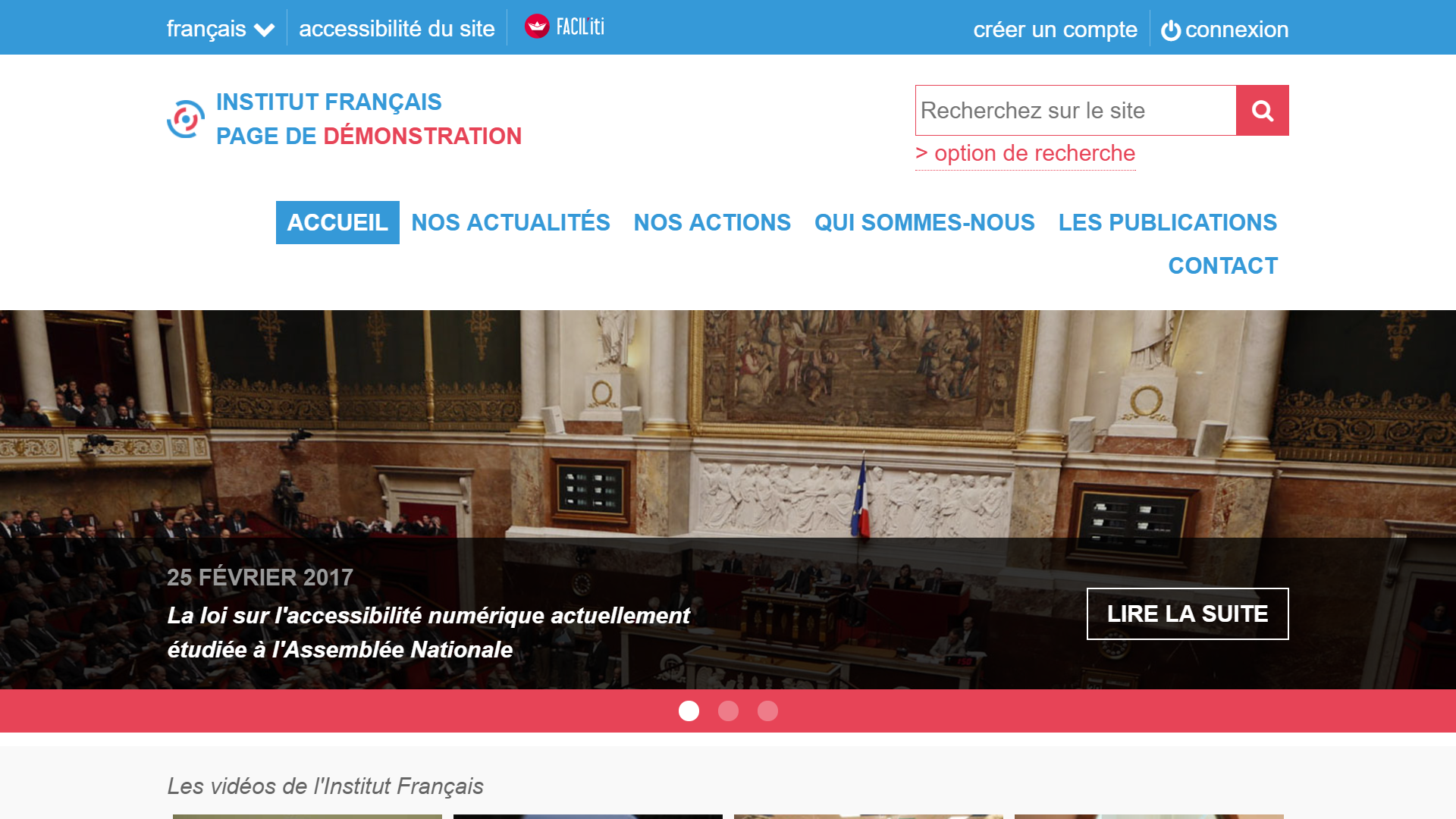 Une page d'accueil d'un site de démonstration avec FACIL'iti activé pour la pathologie “Dégénérescence maculaire liée à l’âge (DMLA)” est verrouillé Dégénérescence maculaire liée à l’âge (DMLA)